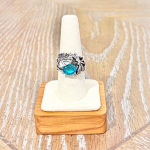 Vintage Style Dragonfly Ring Size 9 Teal Crystal Silver Tone Statement Boho